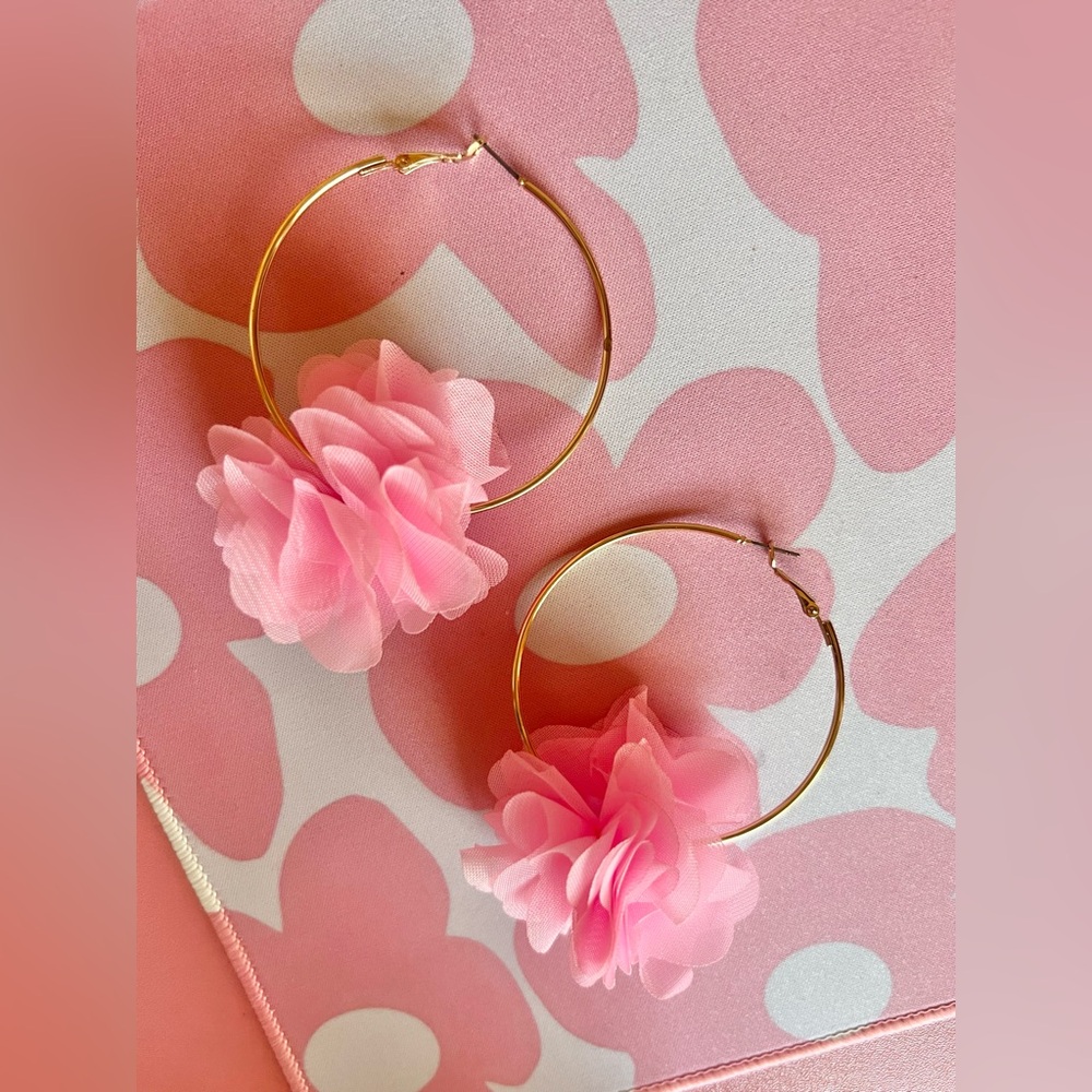 Gold Hoops w/ Pink Flower Pom Details